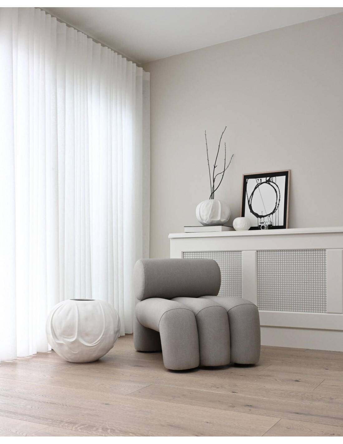 Pair of contemporary armchairs - taupe color - sun-resistant fabric