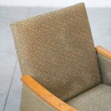 Pair of vintage armchairs in oak and embossed fabric, with old republished certificate of authenticity