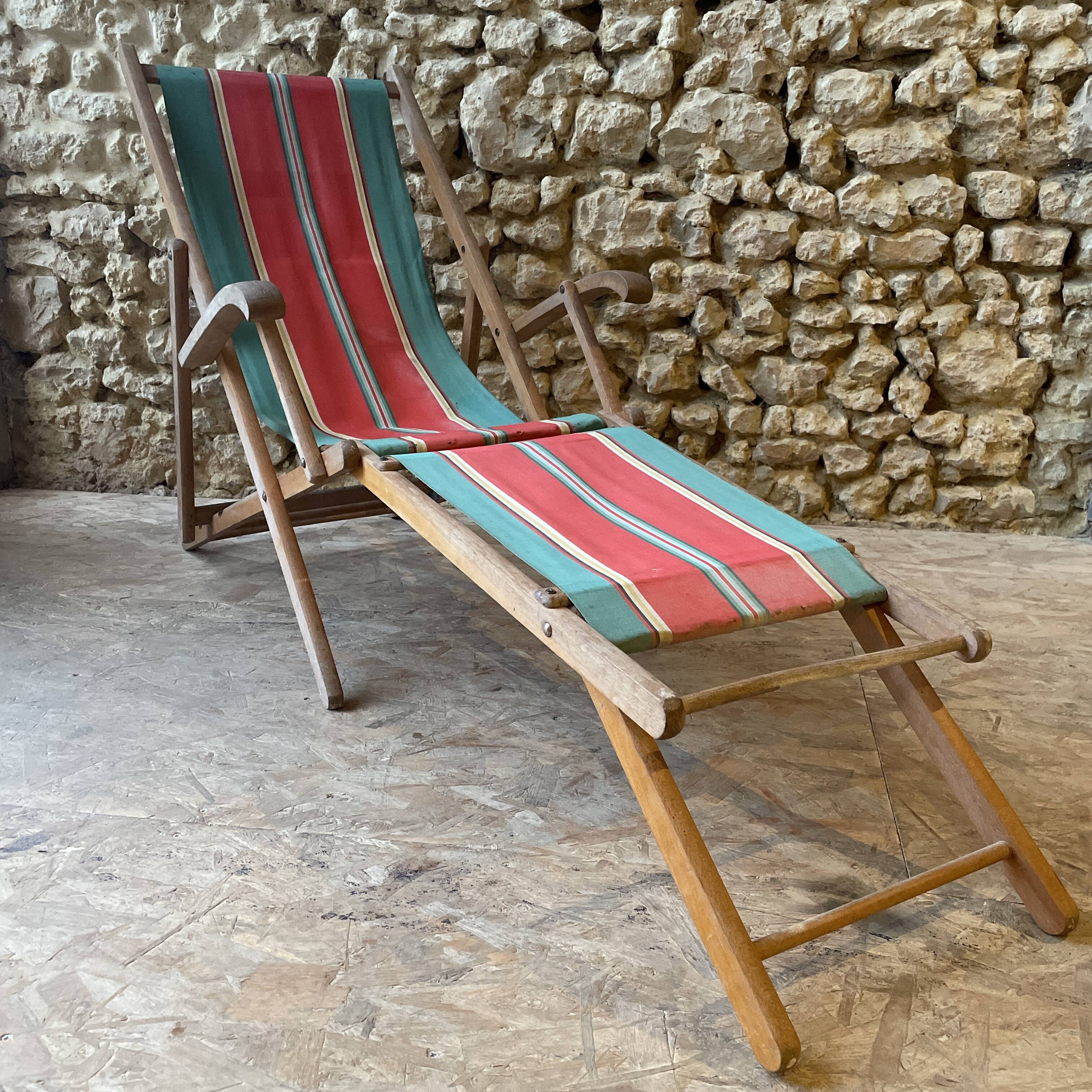 Red and green striped wooden deckchair
