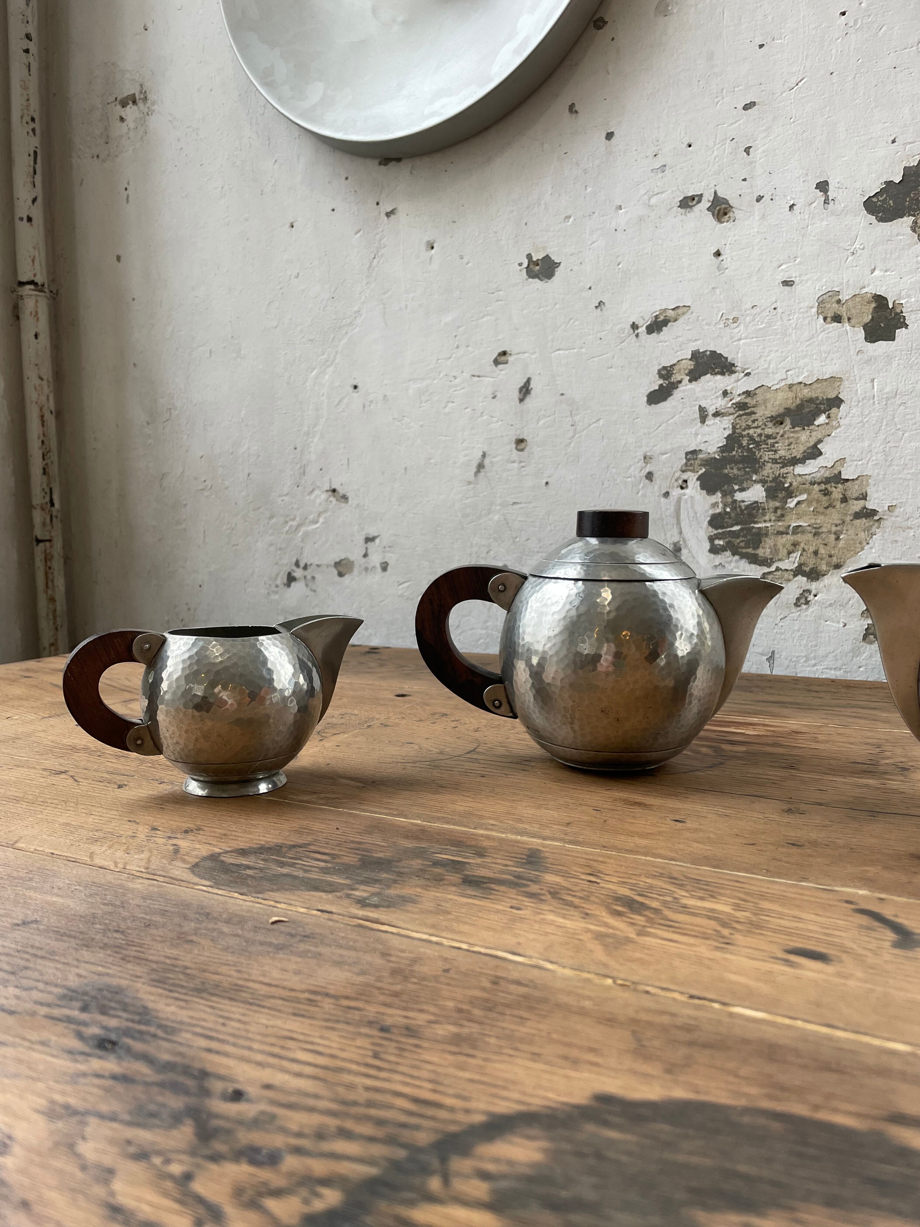 René Delavan Art Deco Pewter Teapot Set