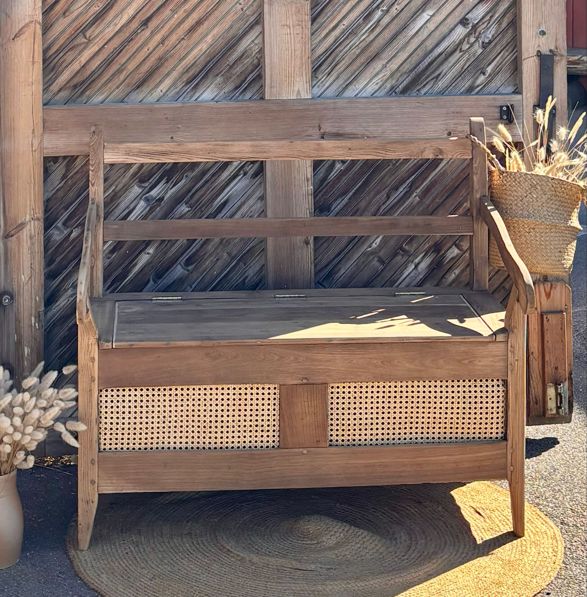 Antique oak solid wood bank with caning.