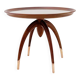 Round Art Deco side table in wood with curved legs and brass feet.