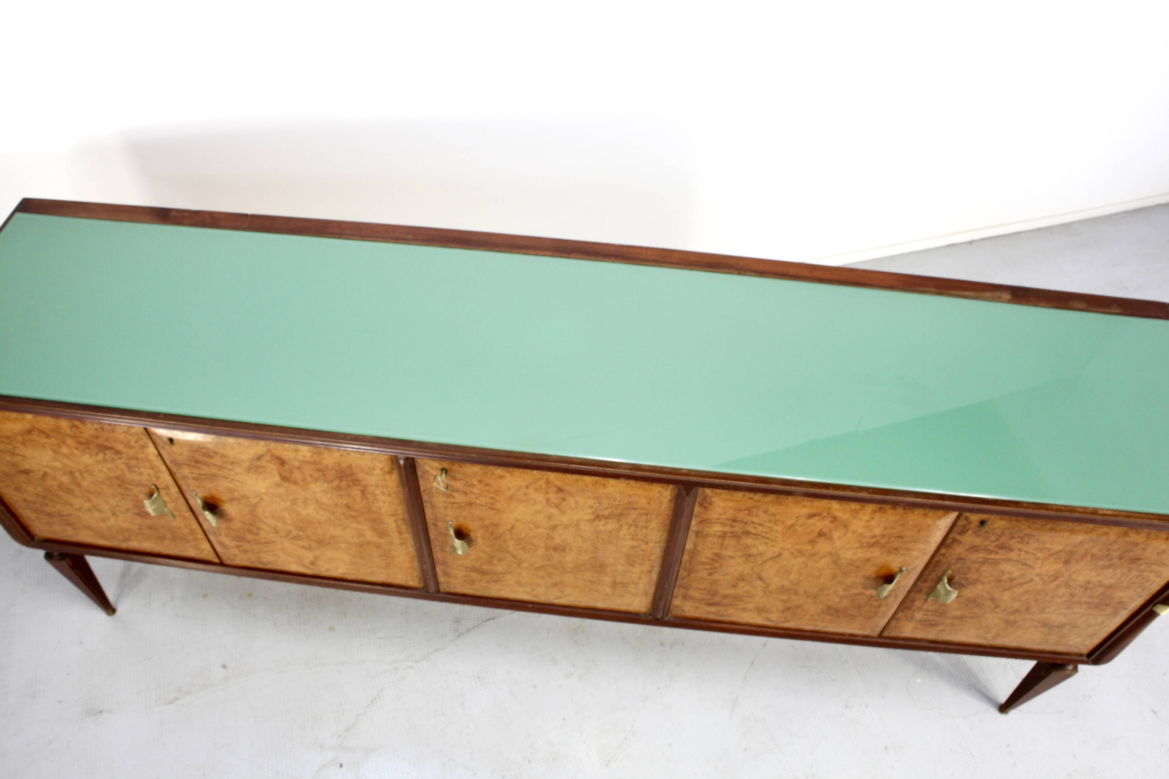 Midcentury Italian Sideboard In Walnut Root And Brass.