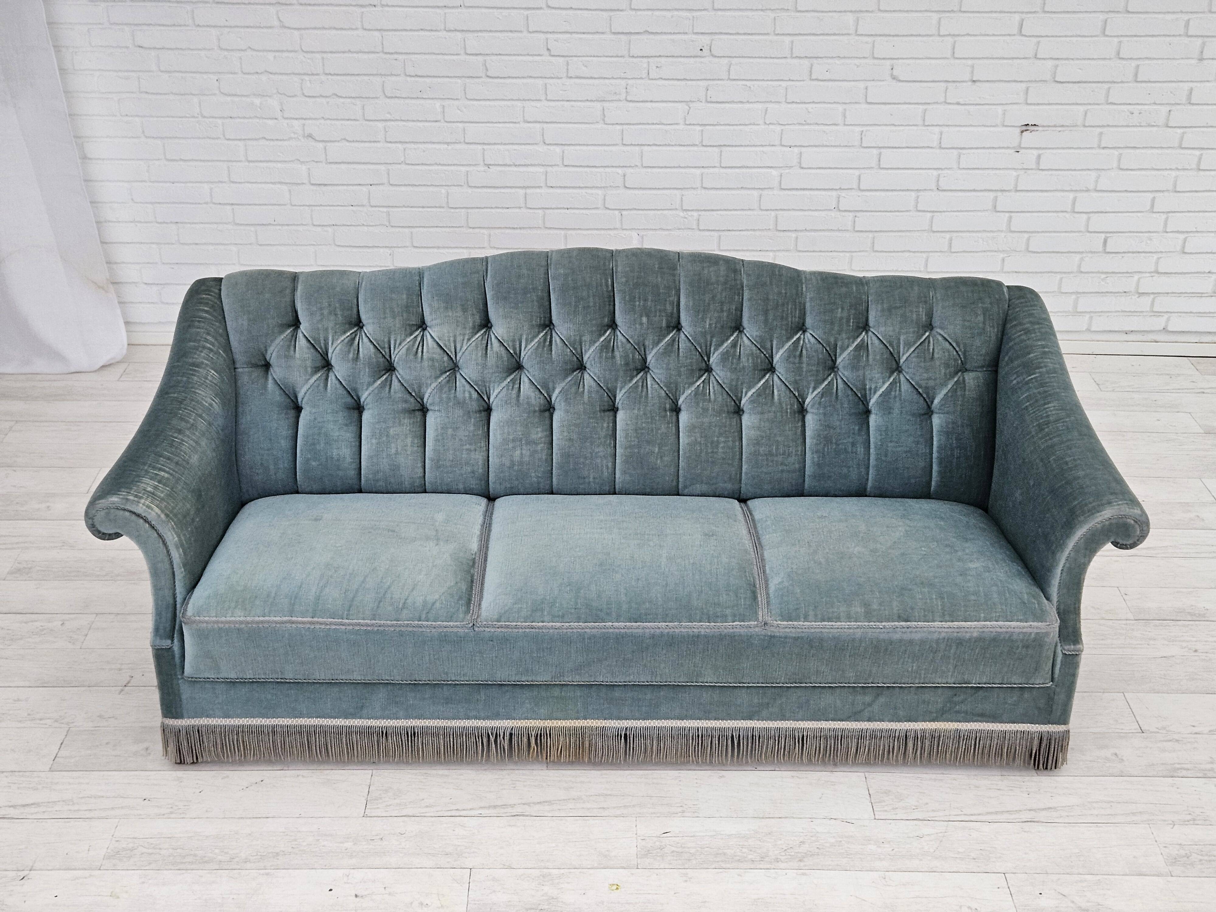 1960s, Danish 3 seater sofa, light blue velour, original good condition.