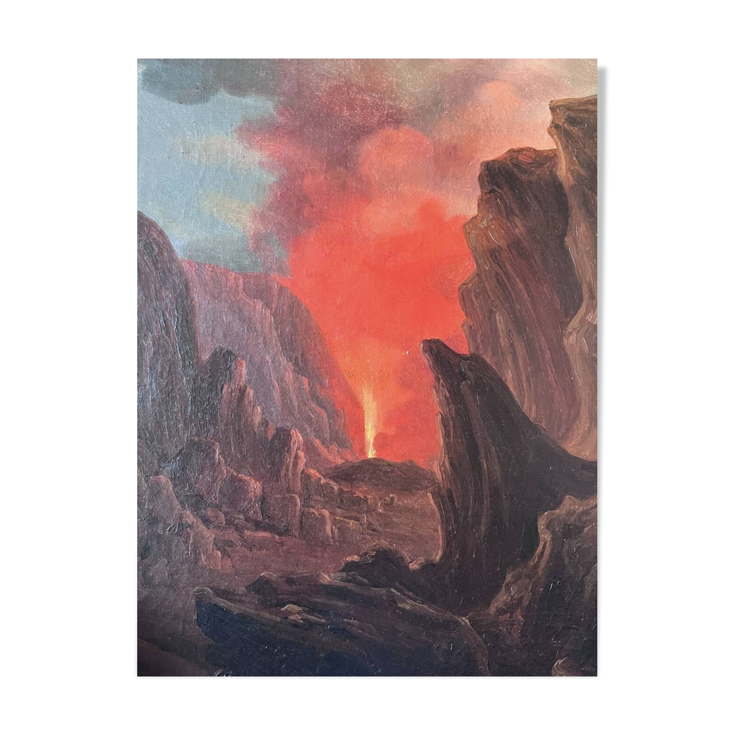 Original Tableau Ancient Landscape 19th Century Erupting Volcano