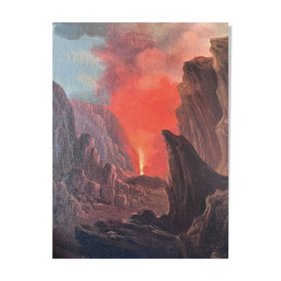 Tableau Original Ancien Paysage 19ème siècle Volcan en éruption