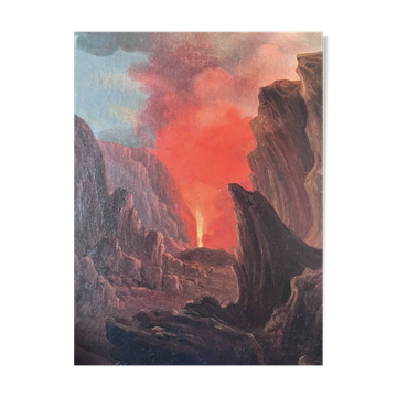 Original Tableau Ancient Landscape 19th Century Erupting Volcano