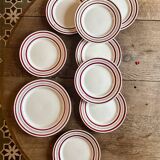 Set of 8 flat plates and a vintage dish, red and gold decorations, manufactured