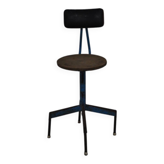 1970s industrial swivel chair in blue and brown - metal, wood and leather