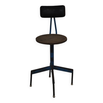 Chaise pivotante industrielle des années 1970 en bleu et marron - métal, bois et cuir