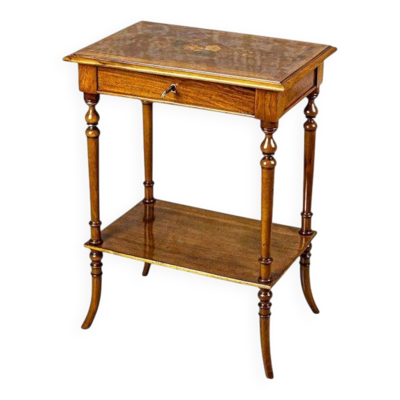 Table de couture antique avec plateau marqueté, années 1890.