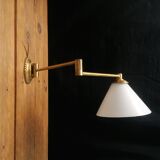 Articulated arm wall applique - brass and white glass diffuser - 1970s
