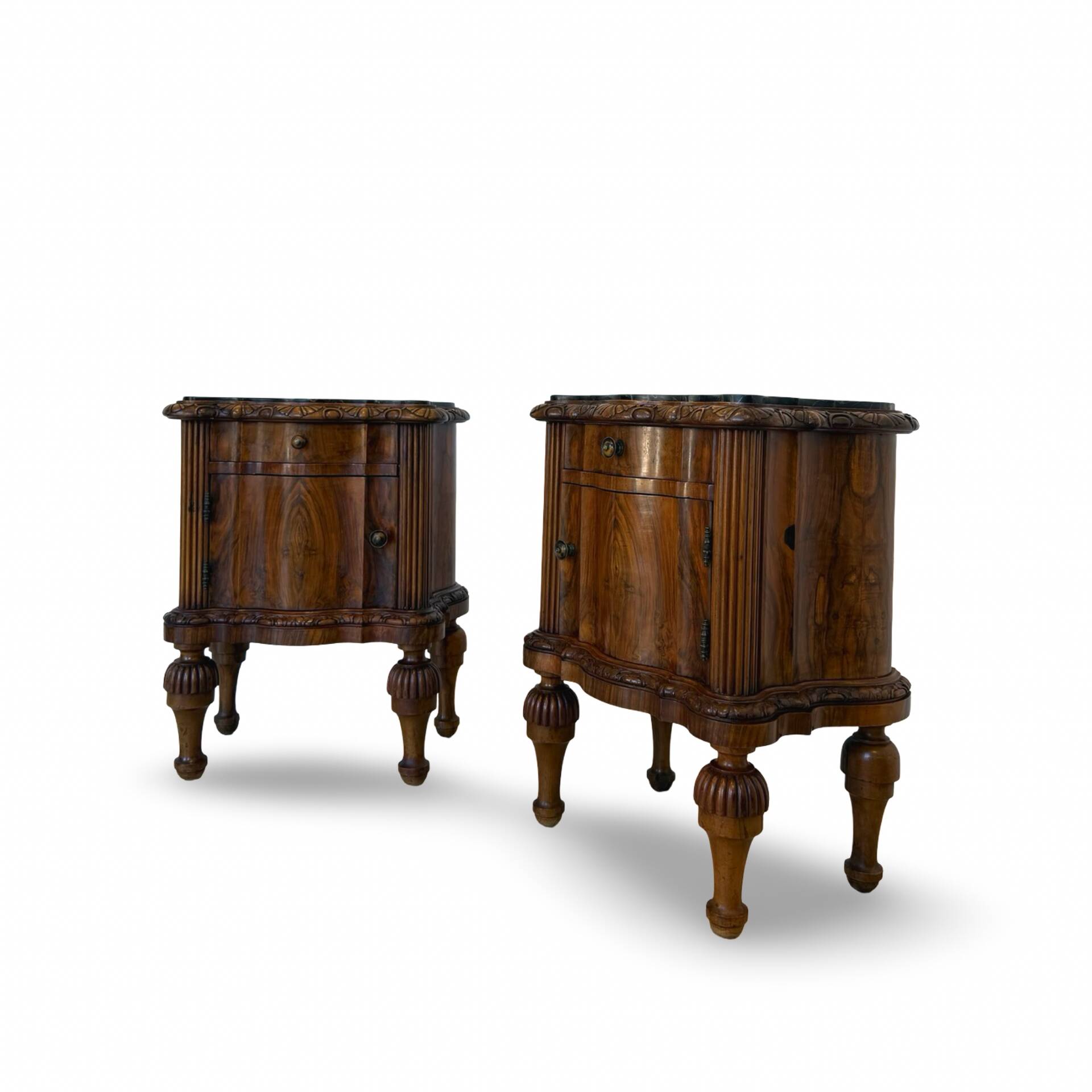 art deco walnut serpentine nightstands, 1920s