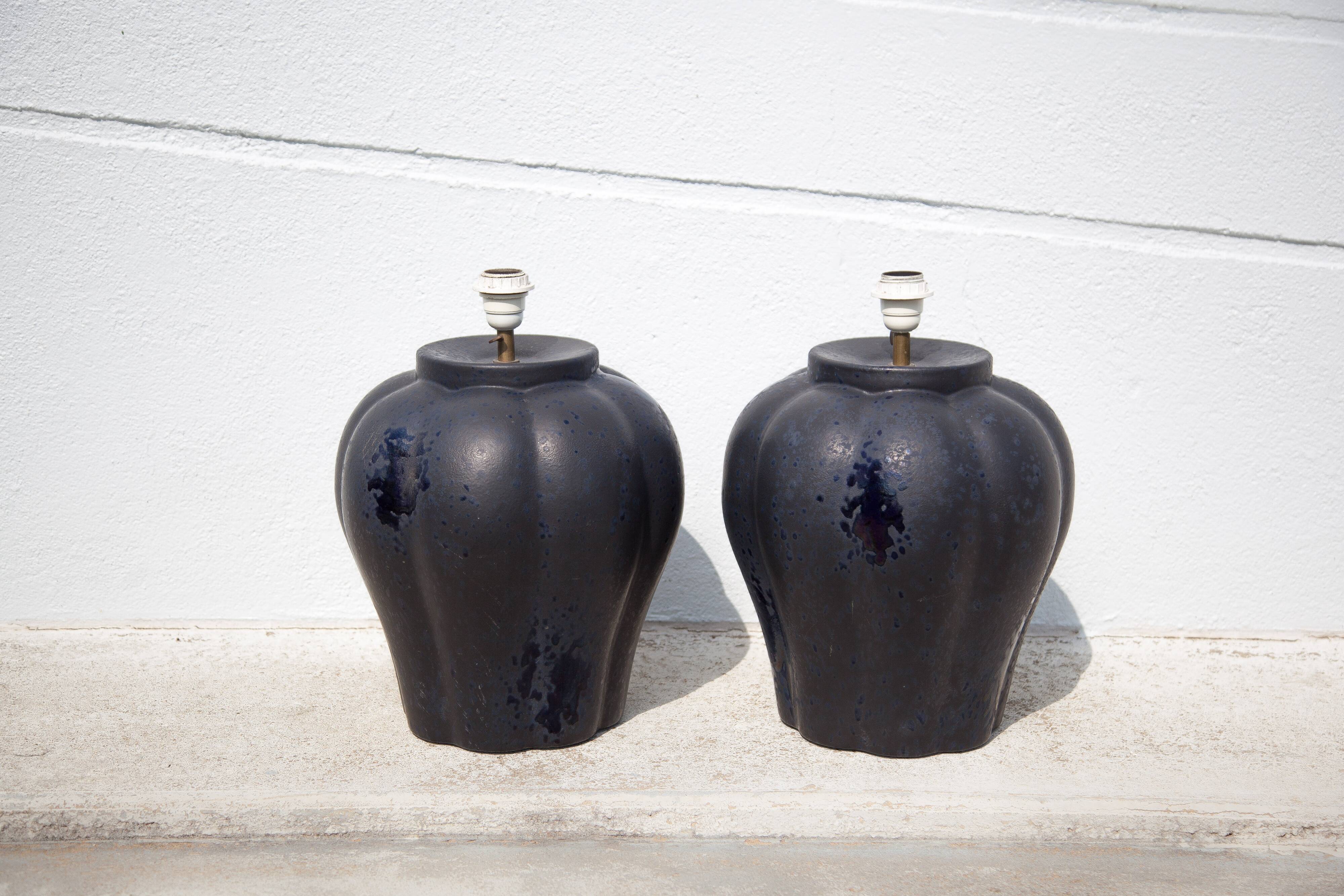 Pair of midnight blue ceramic lamps