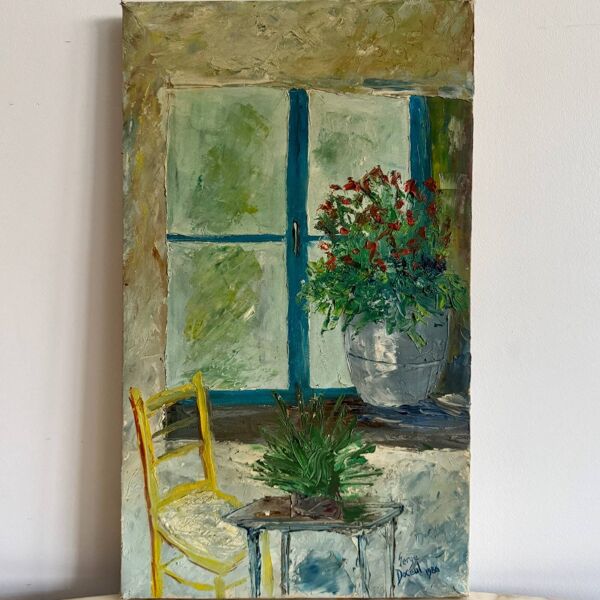 Huile sur toile nature morte bouquet de fleurs par Serge Doceul 1986