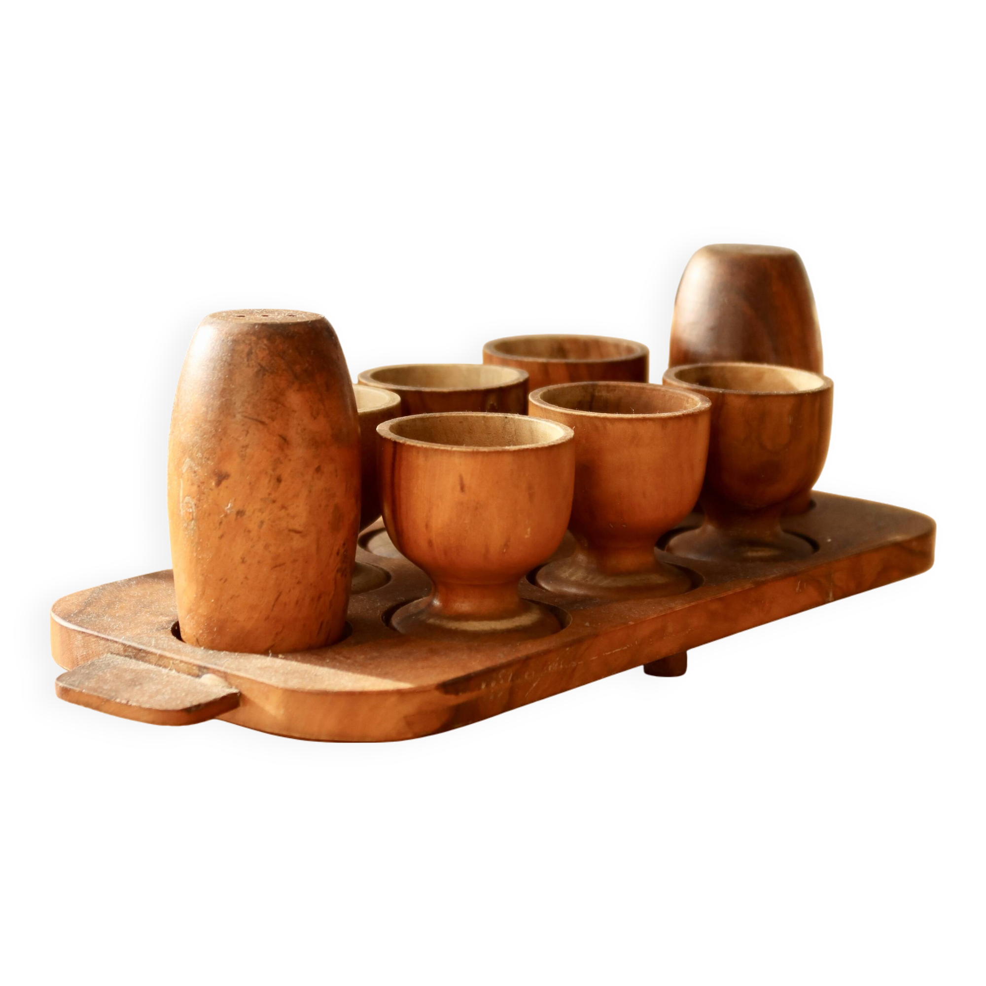 6 vintage wooden egg cups and salt and pepper shakers - Mid-century