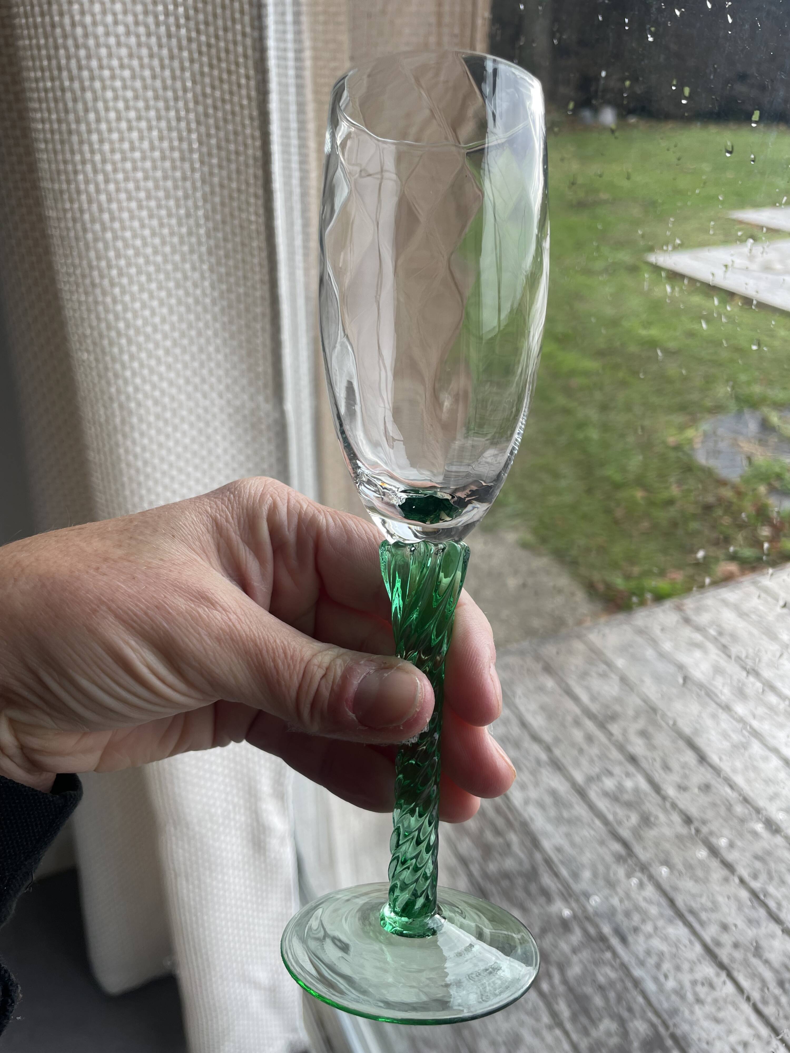 4 champagne flutes, Italian glassware, 1960s, green twisted stem