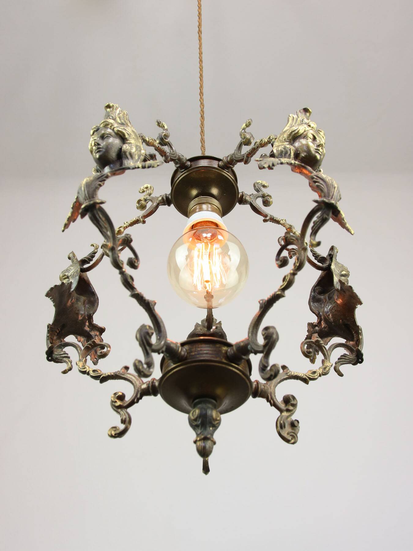 Vintage Patinated Bronze Figural Pendant Lamp