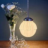 Vintage art deco globe pendant light in white and silver Clichy glass
