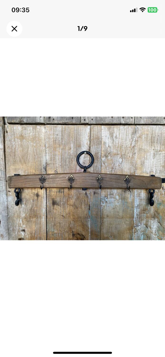 Antique Wall Coat Rack Horse Drawbar Wood + Coat Hooks