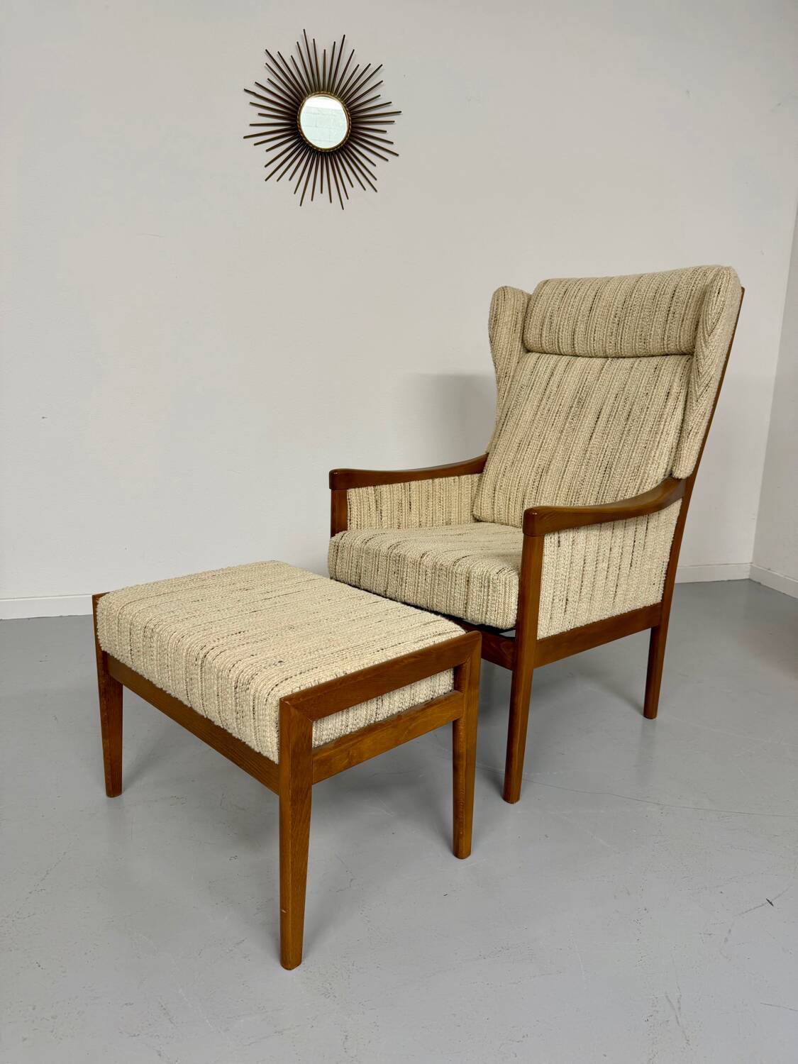 Vintage Casala wingback armchair with ottoman, 1970s design