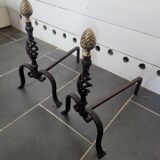 Old pair of wrought iron pegs with brass pine cone