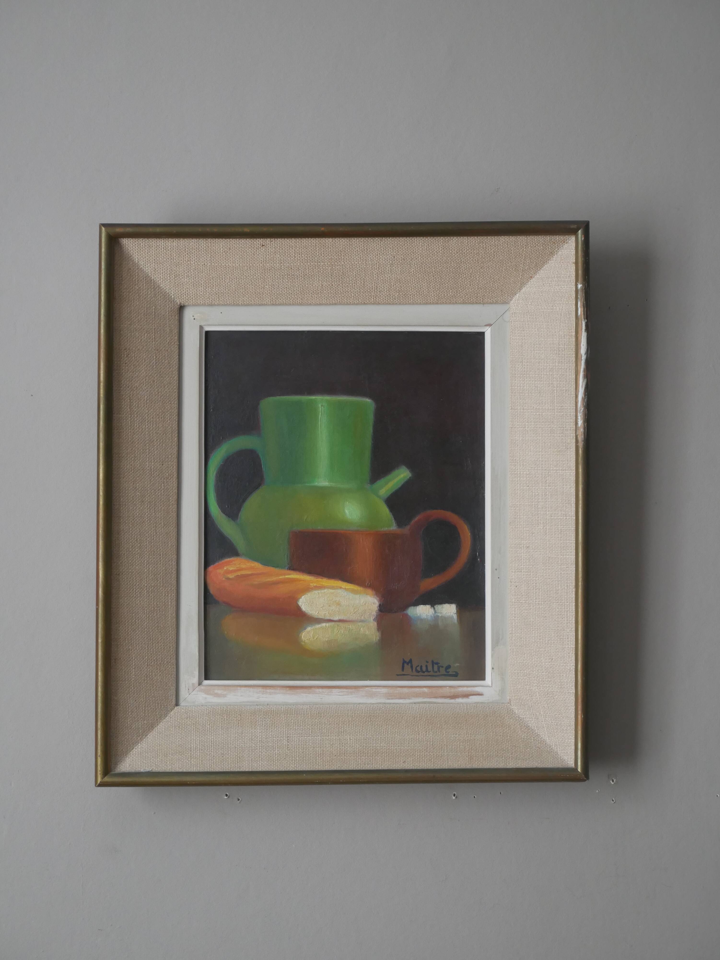 Painting still life old frame countryside decoration signed oil wooden panel lunch