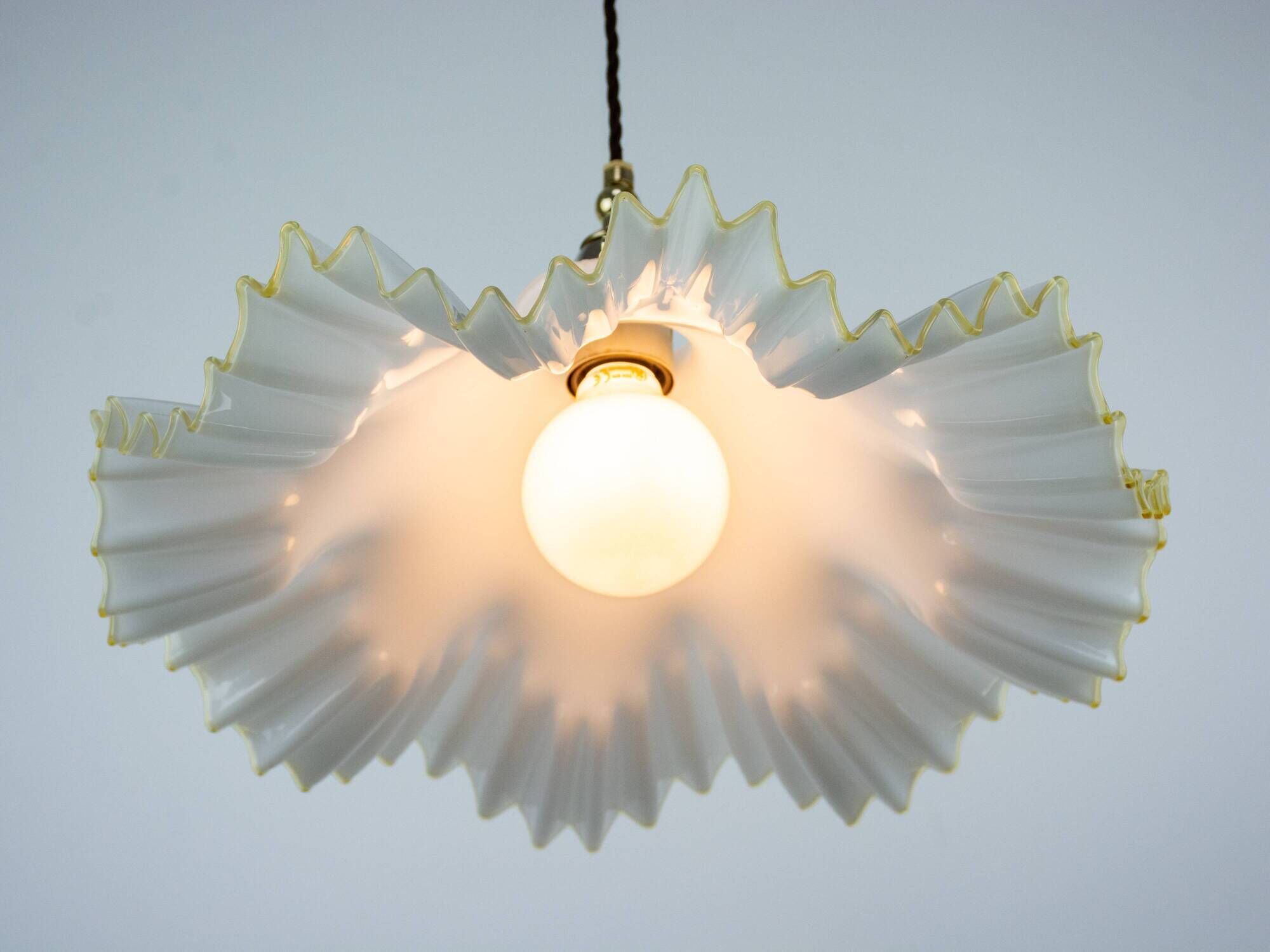 Murano Style White Ruffled Italian Hanging Glass Lamp From The 1970s