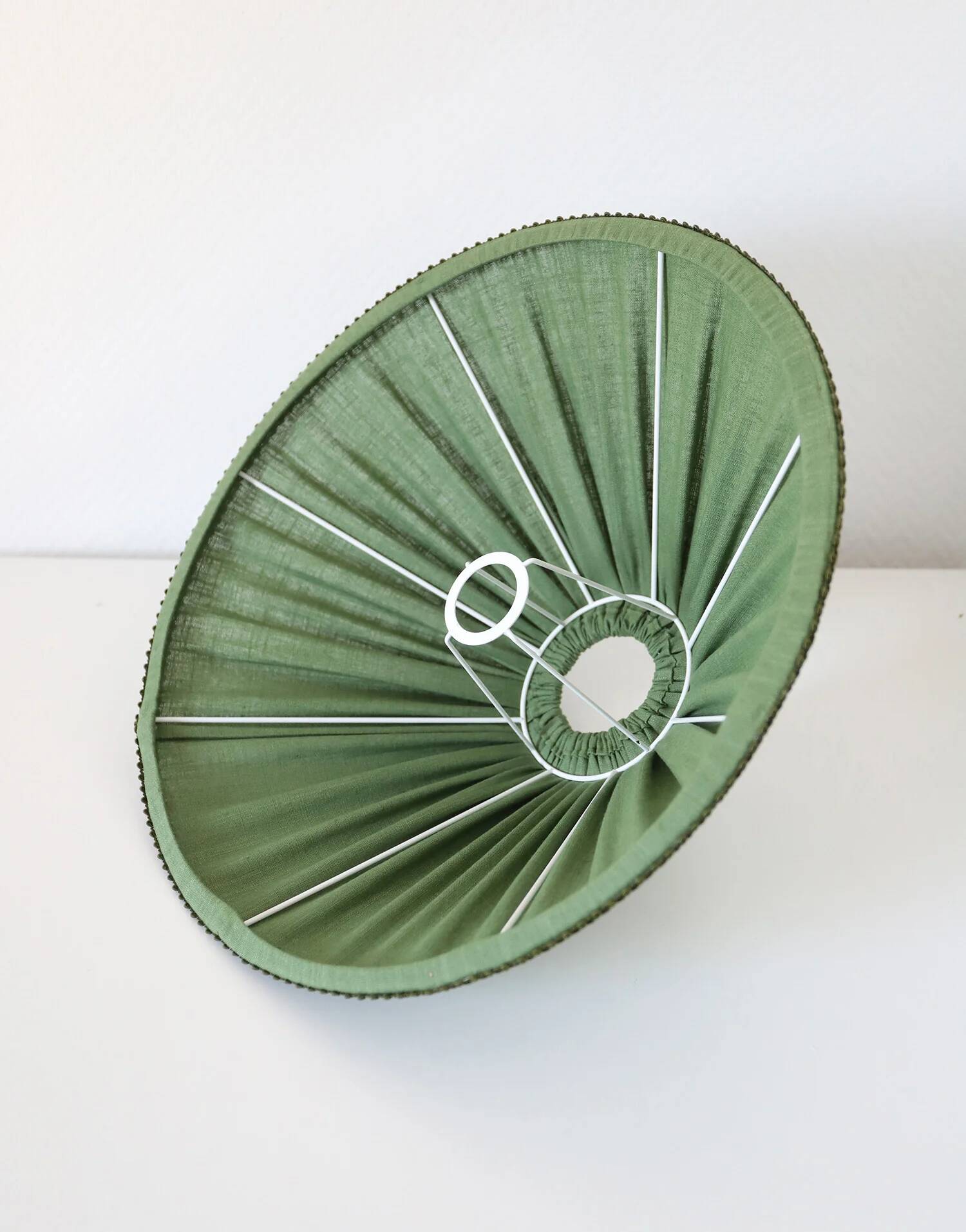 Recycled vintage lamp — spindle wooden base, pleated green linen shade