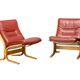Pair Ingmar Relling Siesta Lounge Chairs in Beech and Burgundy Leather