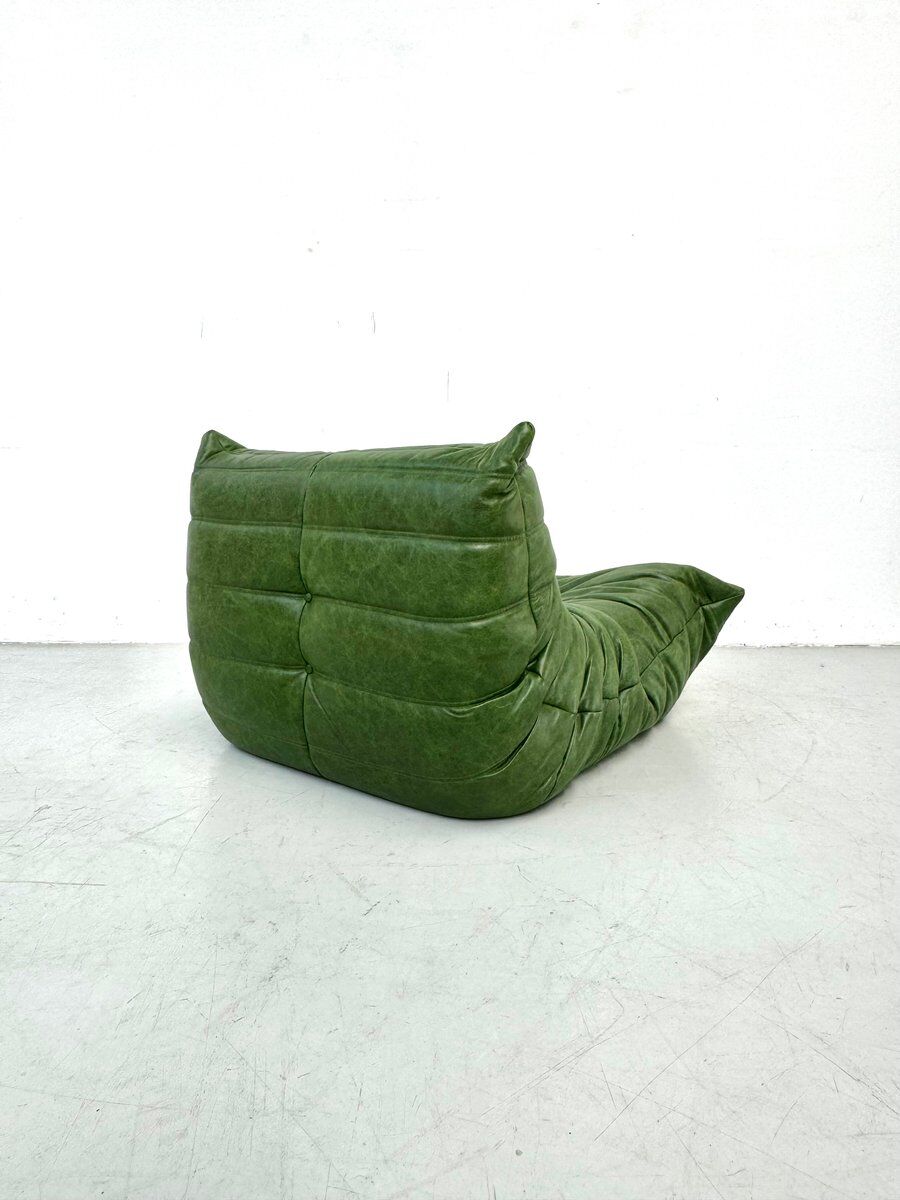 Togo lounge chair in forest green leather attributed to Michel Ducaroy for Ligne Roset
