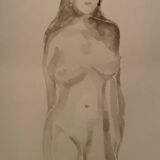 Tableau signé aquarelle monochrome sépia portrait féminin «  dans les yeux »