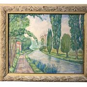 Pollet (a), aquarelle “canal au printemps” signée xxème