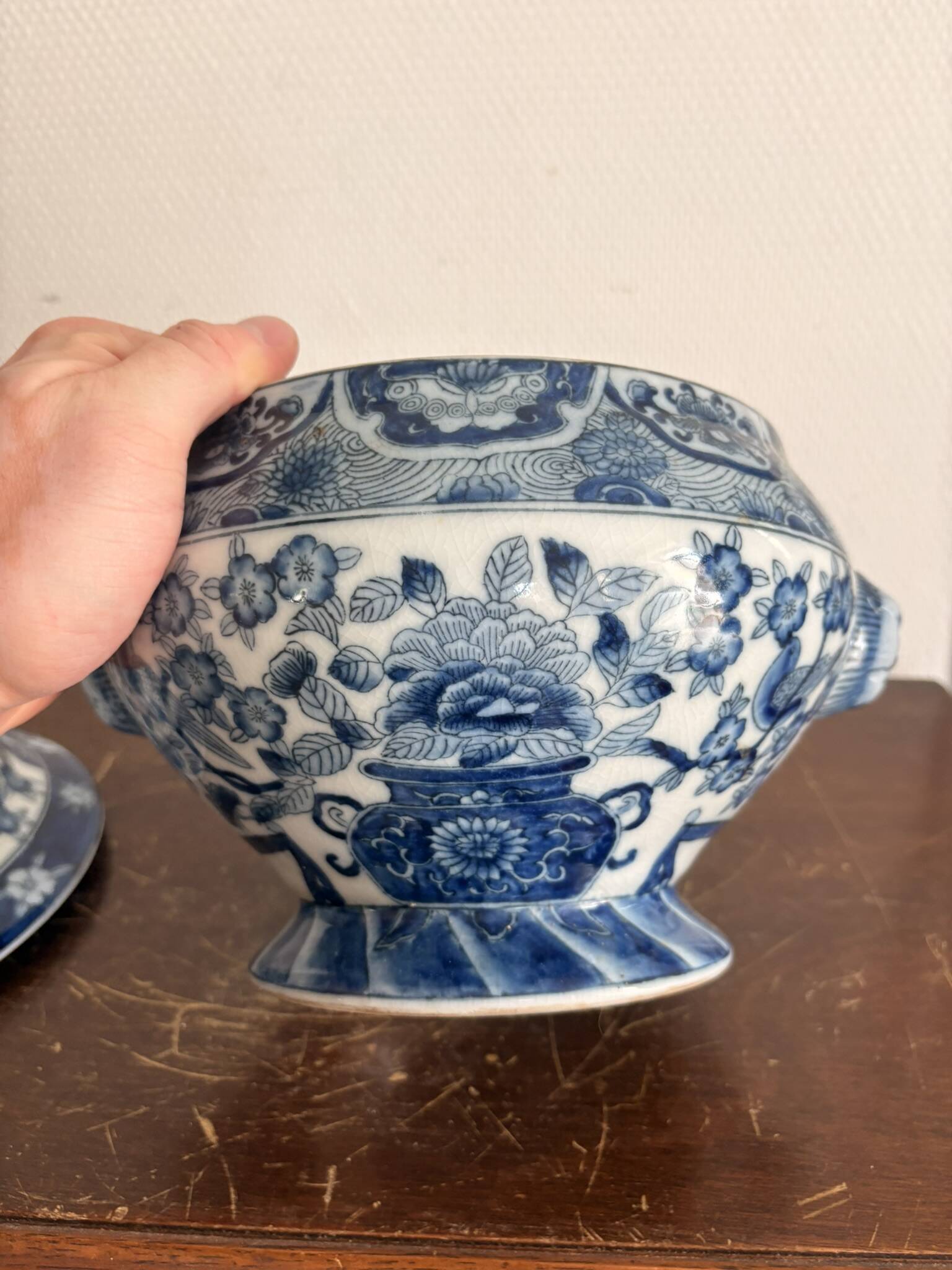 Antique Chinese Soup Tureen Porcelain Blue Bird Flower Decor Republic Period