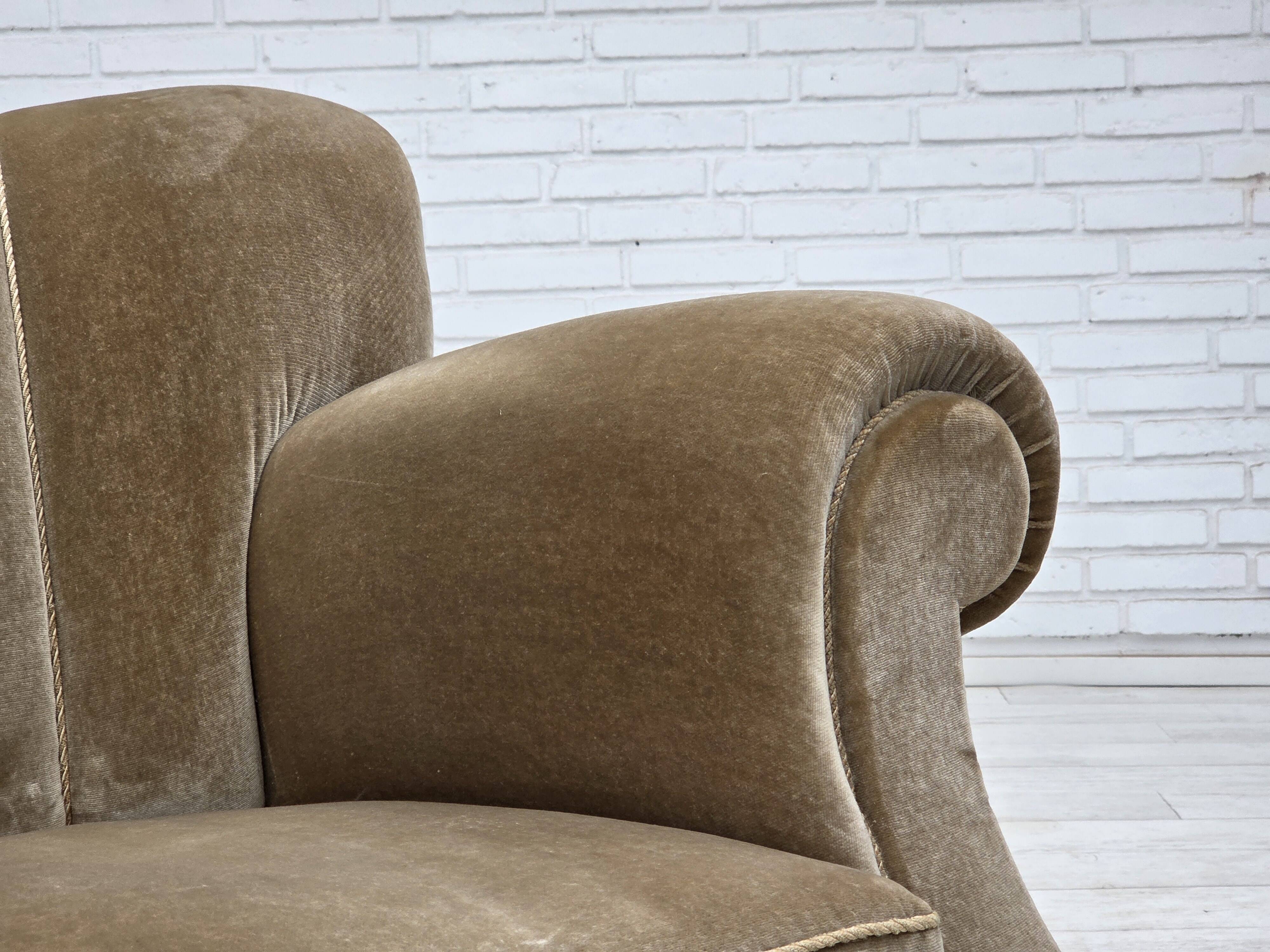 1960s, Danish 3-seater sofa, green furniture velour, oak wood legs.