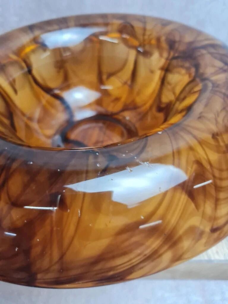 Art Deco Davidson "Cloud Glass" amber centrepiece bowl – vintage English flower holder