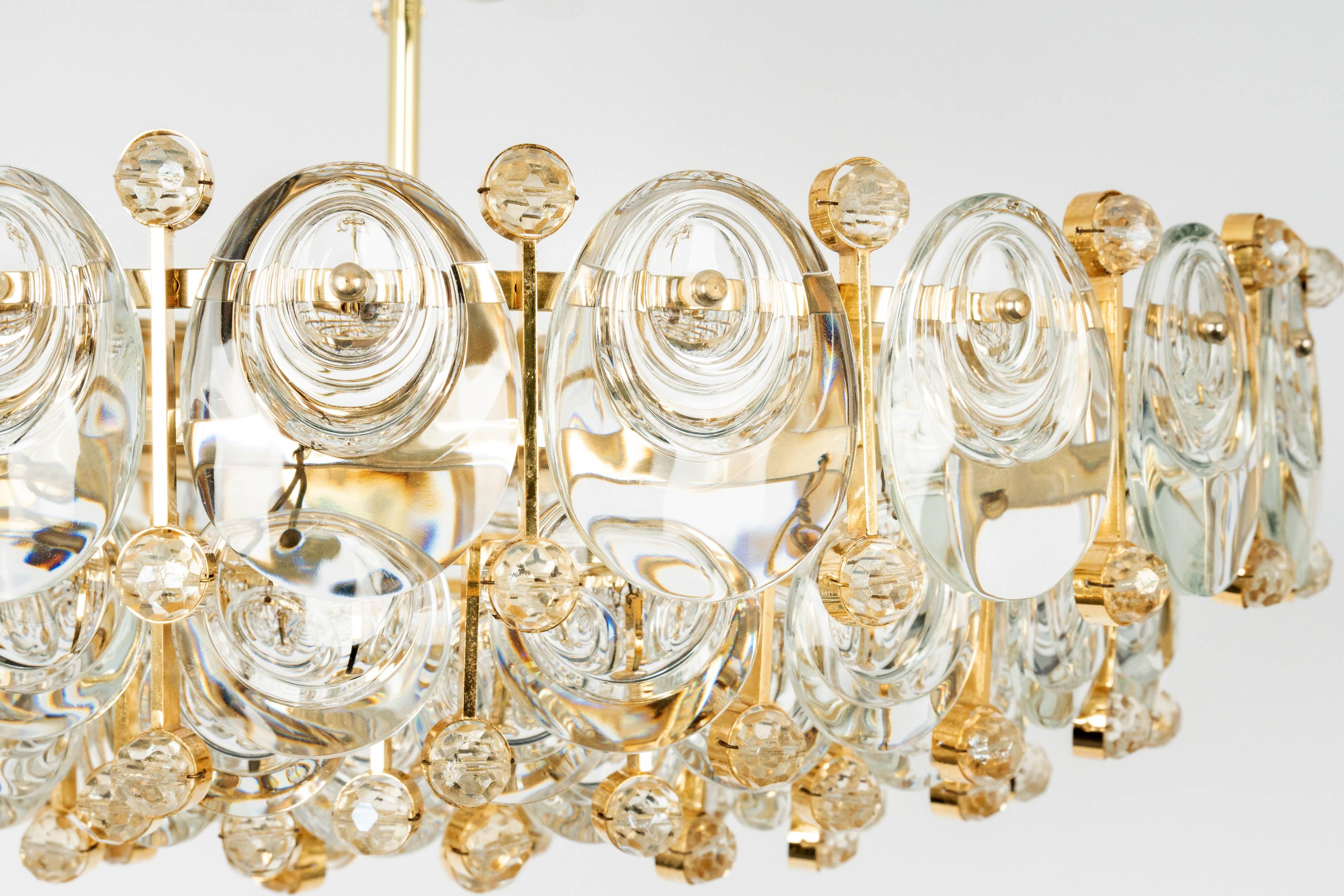 Brass and crystal chandelier, Sciolari design by Palwa, Germany, 1970s.