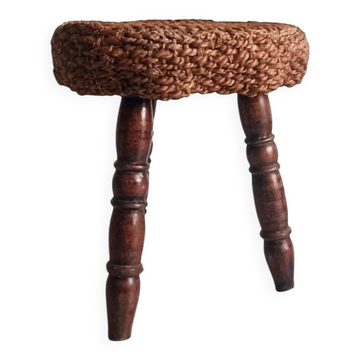 Rustic French Wood & Natural Fiber Stool/ Accent Table, Audoux-Minet Style