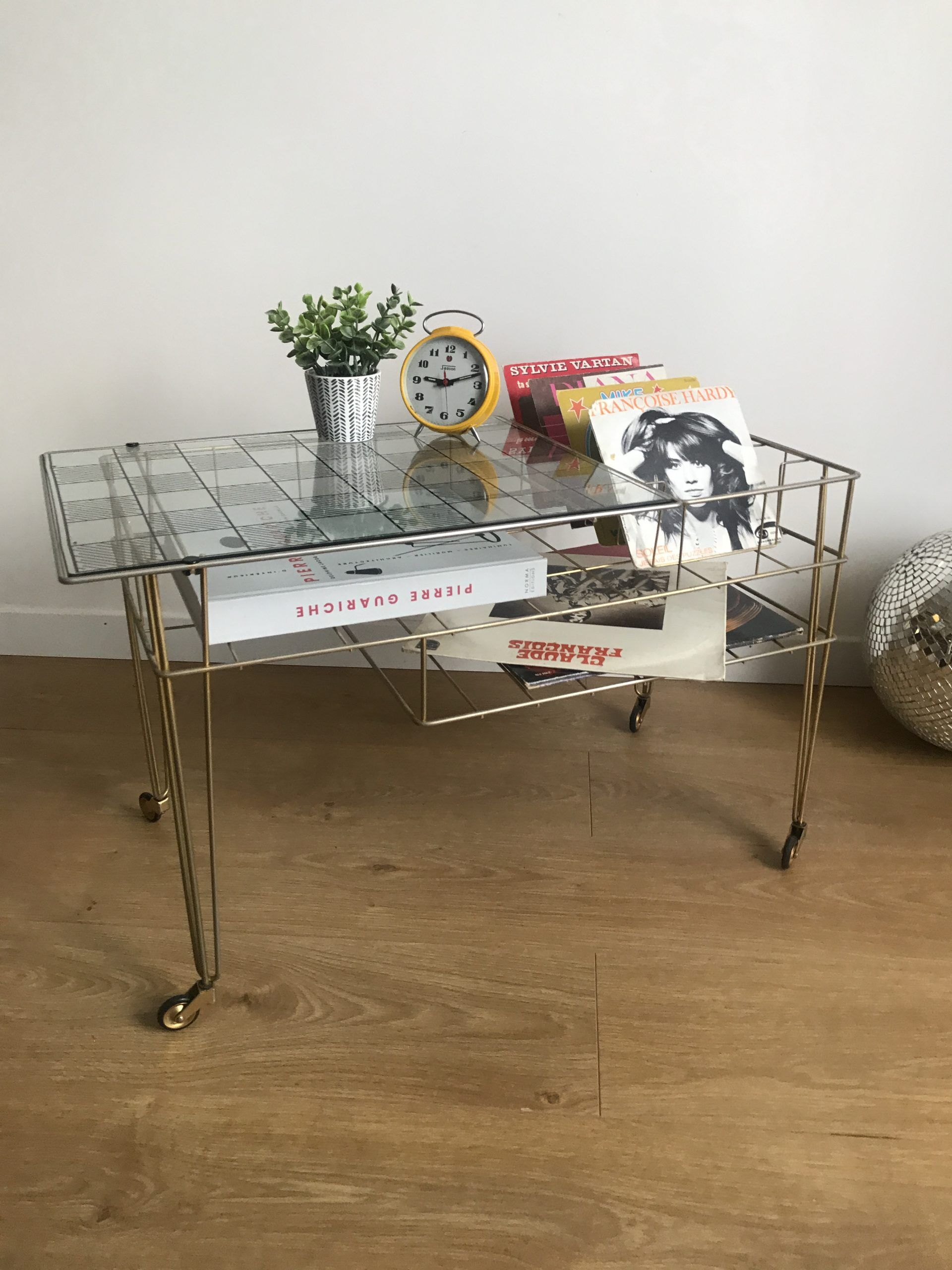Side table gold vinyl door with wheels eiffel legs and glass checkered top