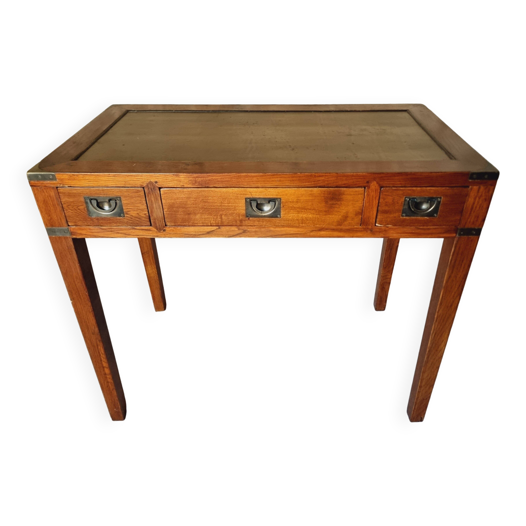 Vintage oak desk – 1970s – Green leather top and 3 drawers