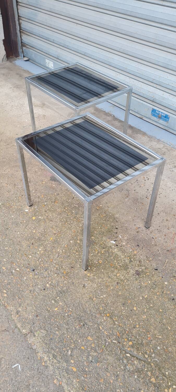 Pair of side tables in chrome metal and glass