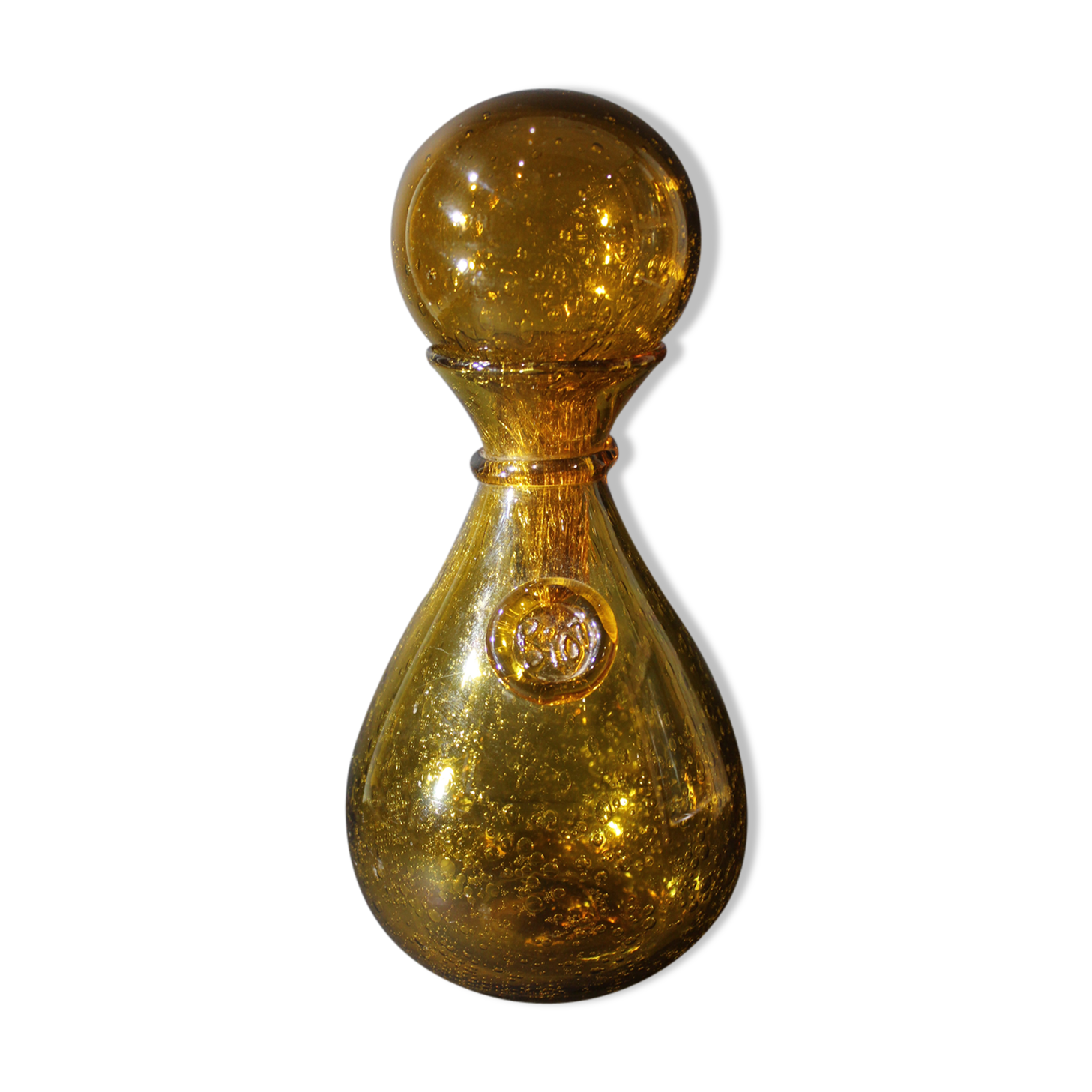 BIOT orange bubbled glass hourglass carafe
