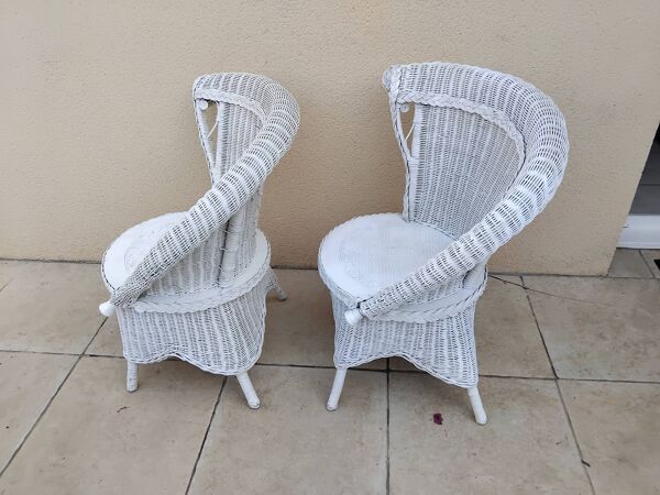 Paire de fauteuil en osier rotin blanc art deco vintage