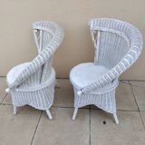 Pair of vintage art deco white rattan wicker armchairs
