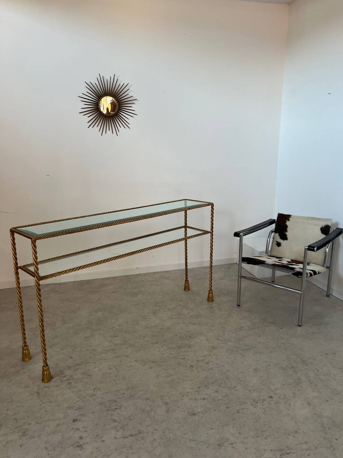 Antique console table in twisted gilded brass and glass Italian design from the 60s vintage table