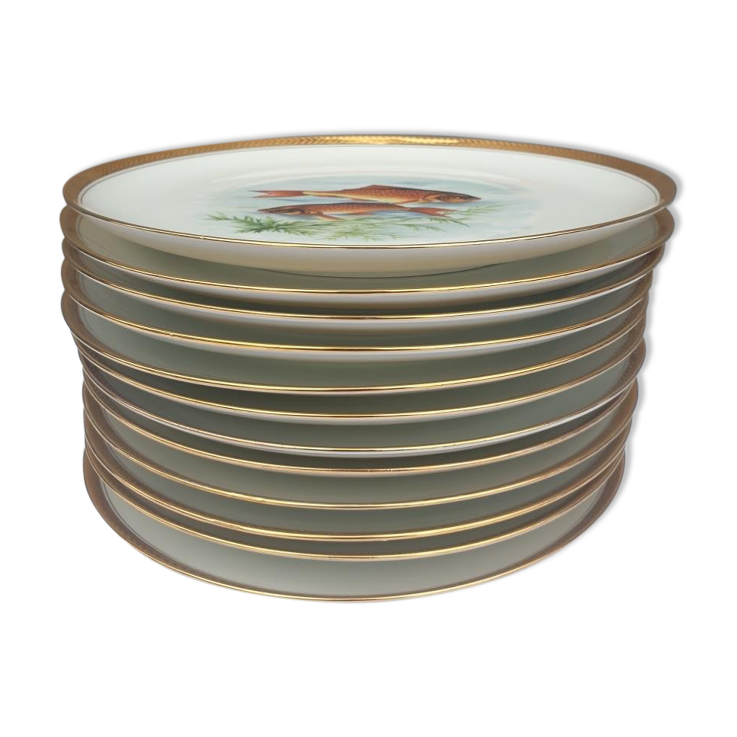 Set 12 plates porcelain fish edge laurel gold Bernardaud