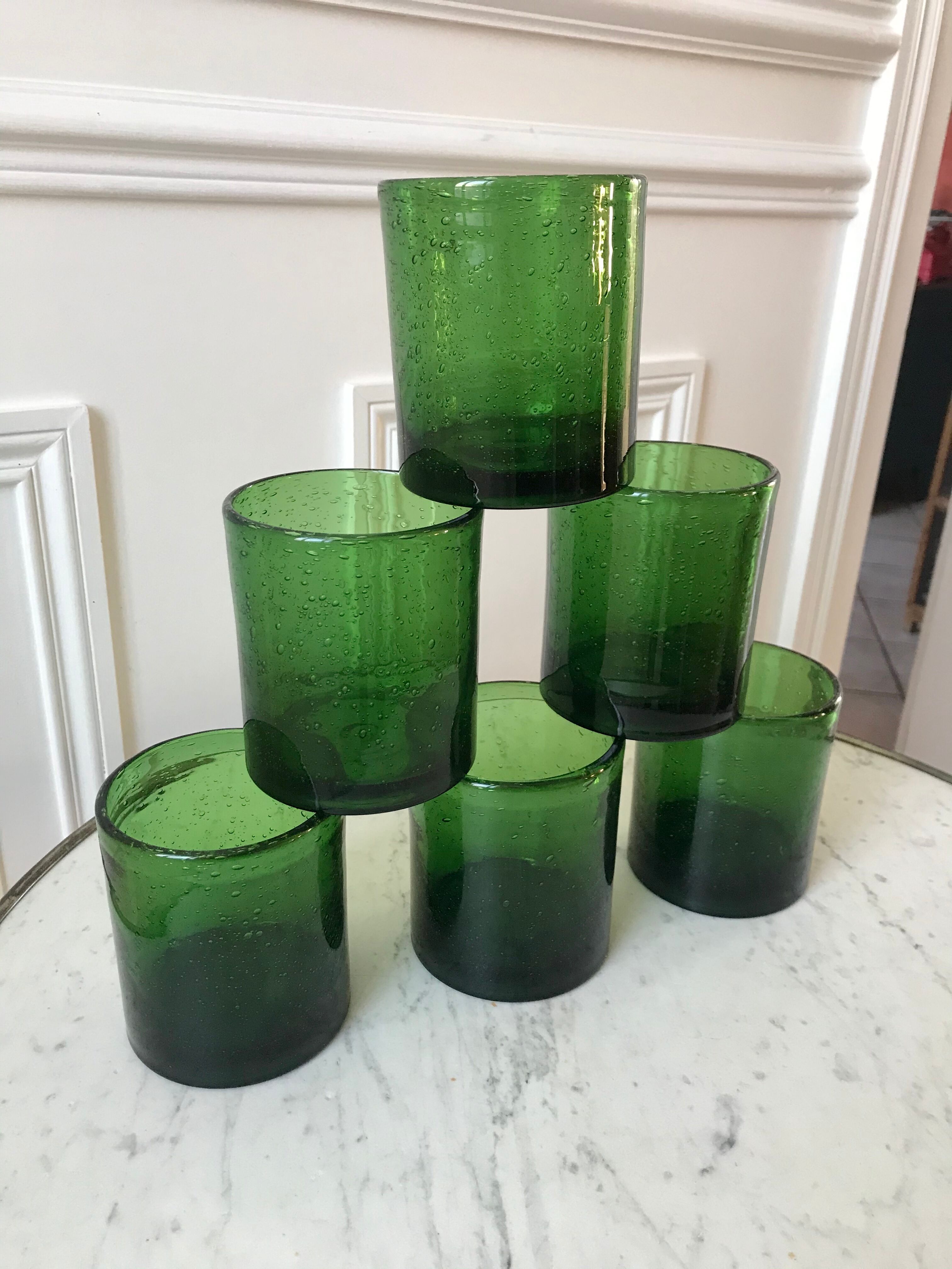 Set of 6 green water glasses bubbled glass  70s