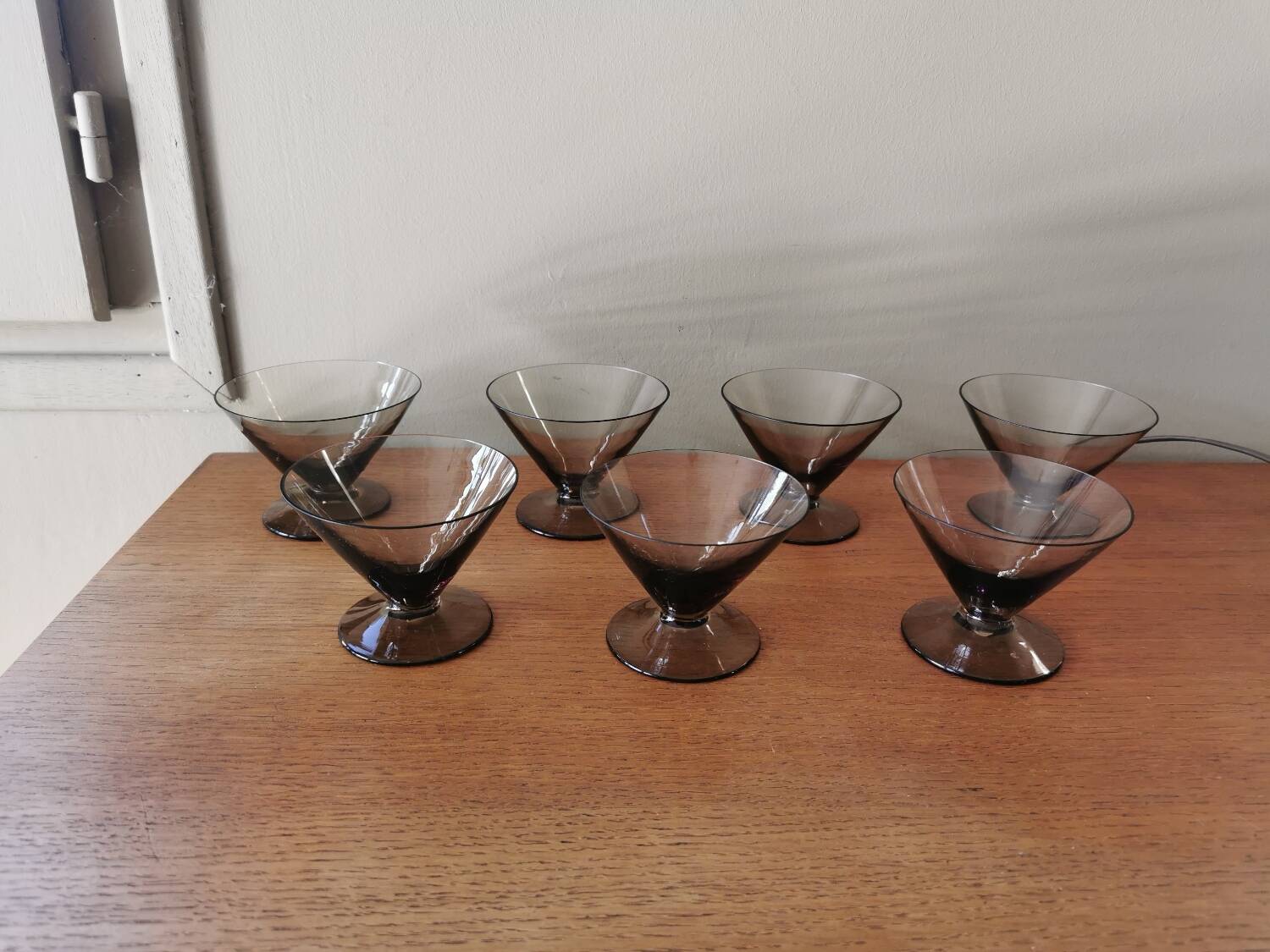 Set of 7 smoked glass art deco cups