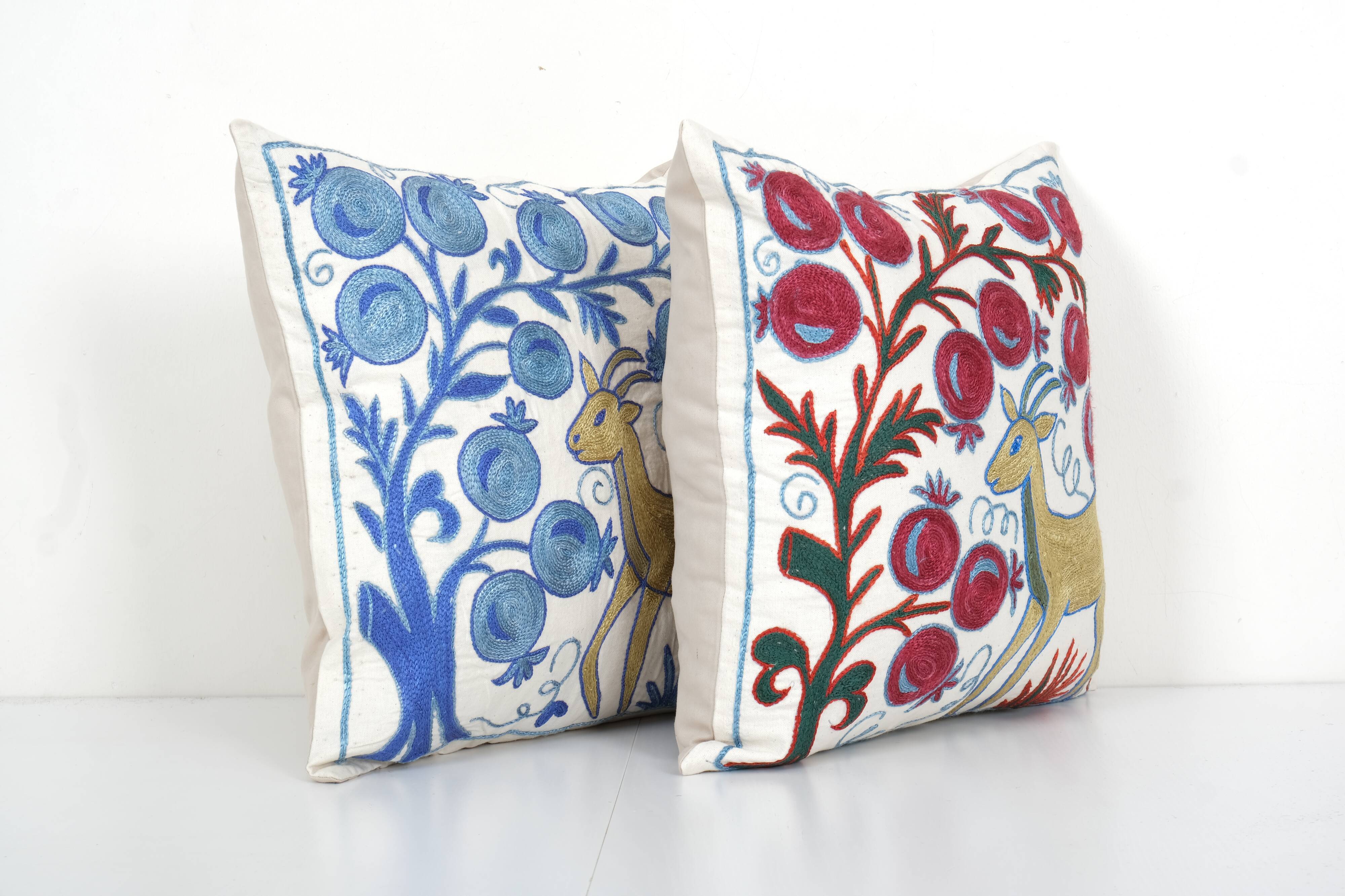 Uzbek Suzani Square Cushion Cover with Animal Motif, Tree of life Deer Pictorial Suzani Pillow Case