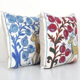 Uzbek Suzani Square Cushion Cover with Animal Motif, Tree of life Deer Pictorial Suzani Pillow Case
